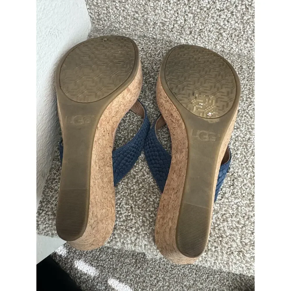 UGG Women's W Natassia Mar Wedge Sandal Cork Trim Navy Straps Size 8 Preowned